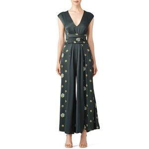 Free People Boho Floral Jumpsuit L Green Satin Wide Leg Sleeveless Tie Waist